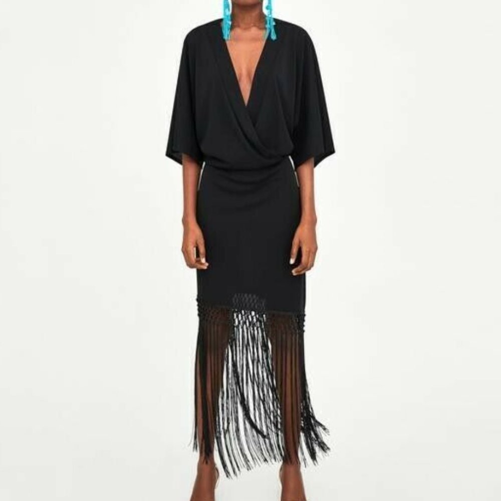Zara Black Fringed Tassel Macrame Midi Dress Small